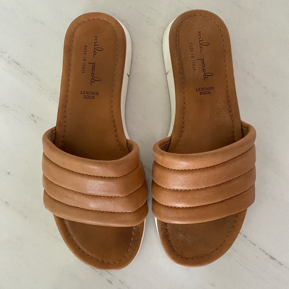 Mila Paoli Tan Leather Slide Sandals